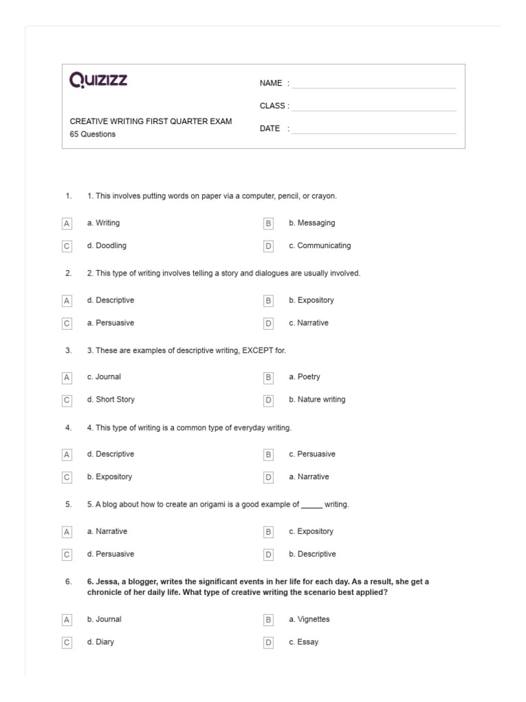 creative writing 1st quarter exam with tos