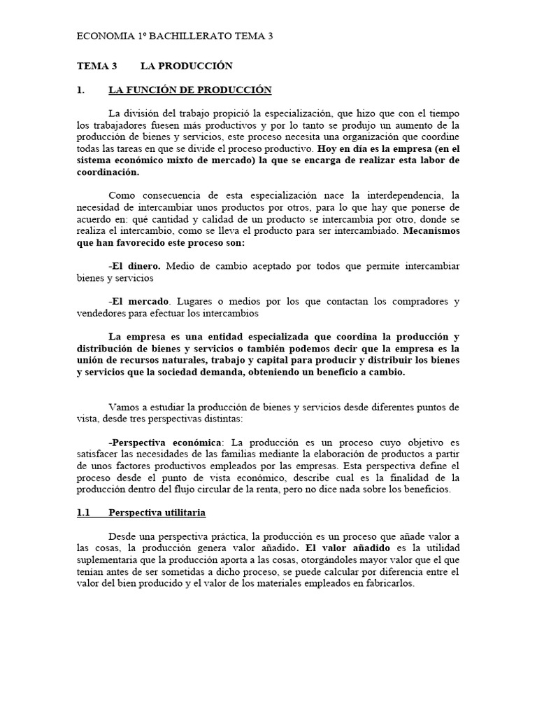 Economia 1. Tema 3. La Produccion PDF Business Factores de producción