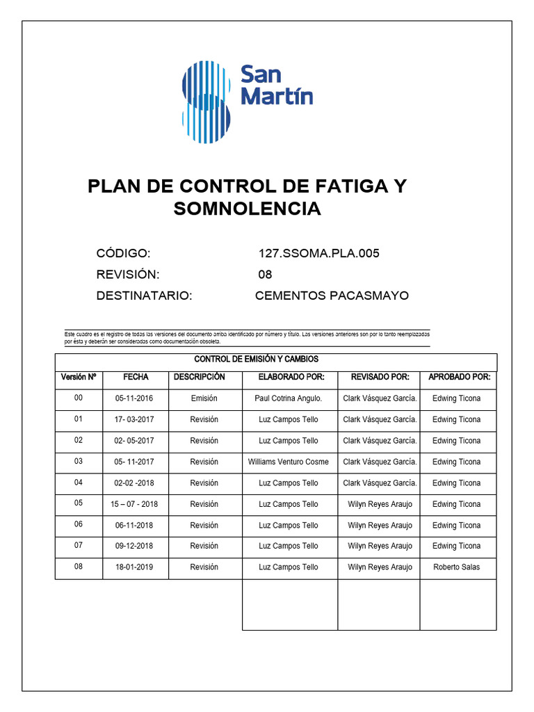 Plan de Control de Fatiga y Somnolencia | PDF | Dormir | Medicamentos ...