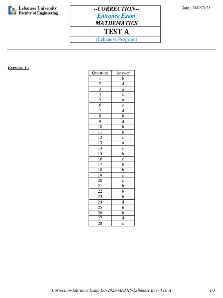 Correction entrance exam lu maths 2023 lebanese program test a pdf