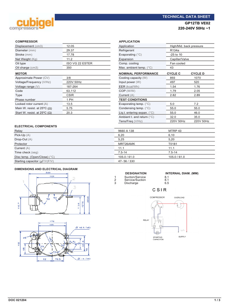 GP12TB Compressor Technical Data Sheet | PDF