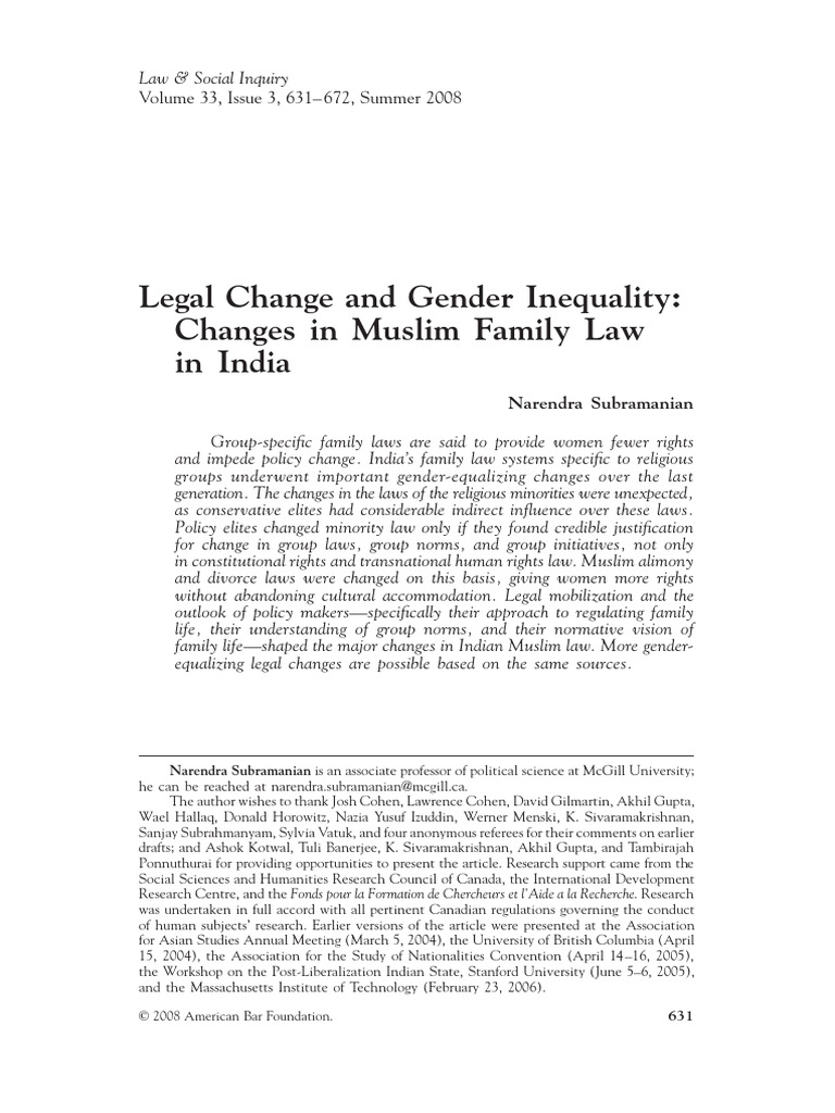 Legal Change & Gender Inequality in Muslim Family Law in India 2008 PDF