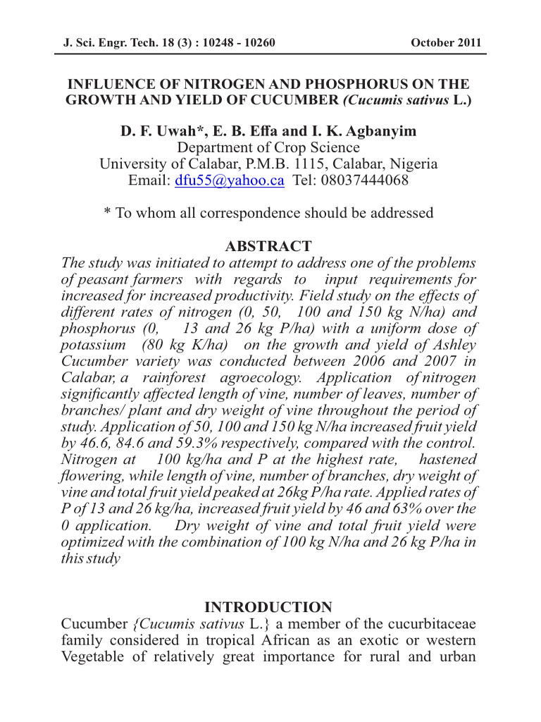 Influence of Nitrogen and Phosphorus On The Growth and Yield of ...