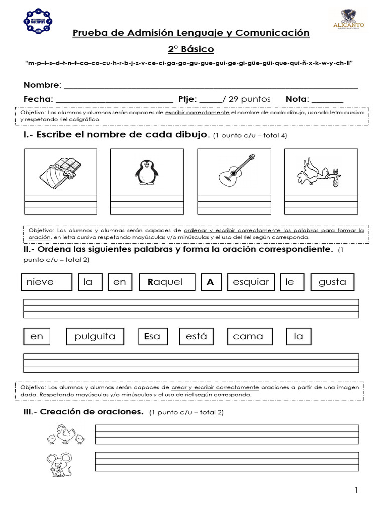 Prueba de Admisión 2° Básico Lenguaje | PDF