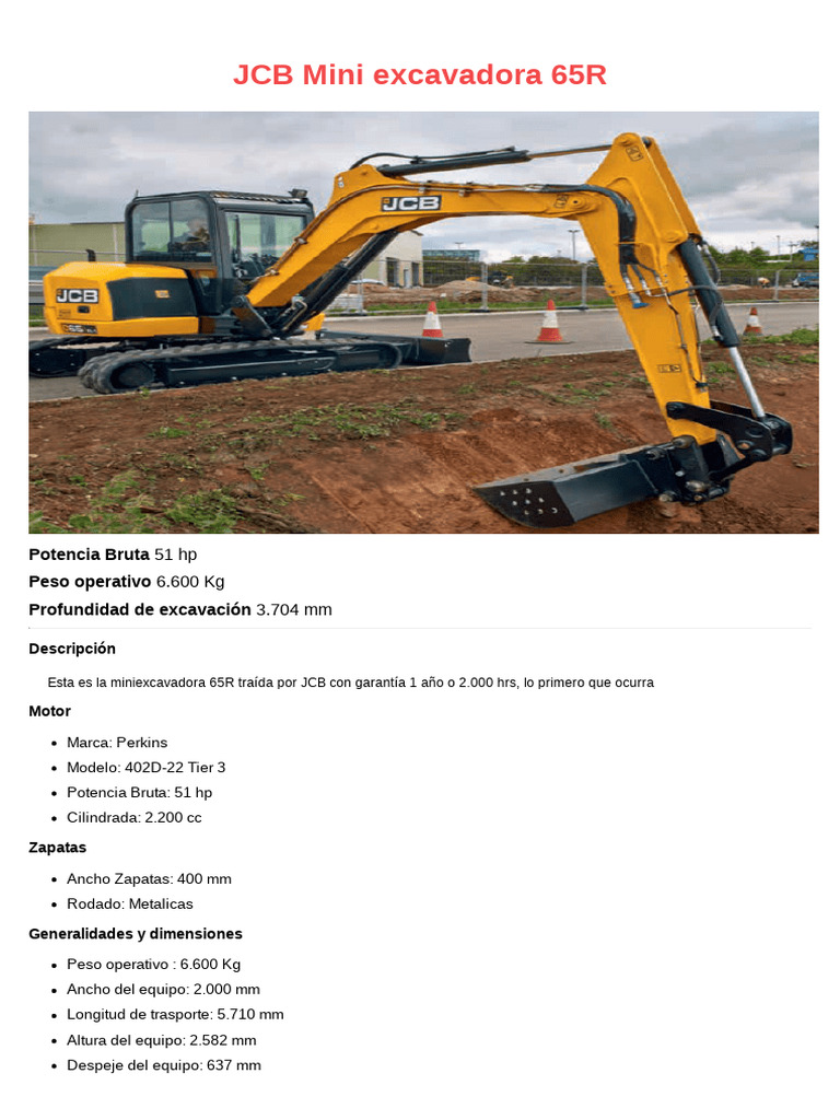 JCB 65R: Mini Excavadora Especificaciones | PDF