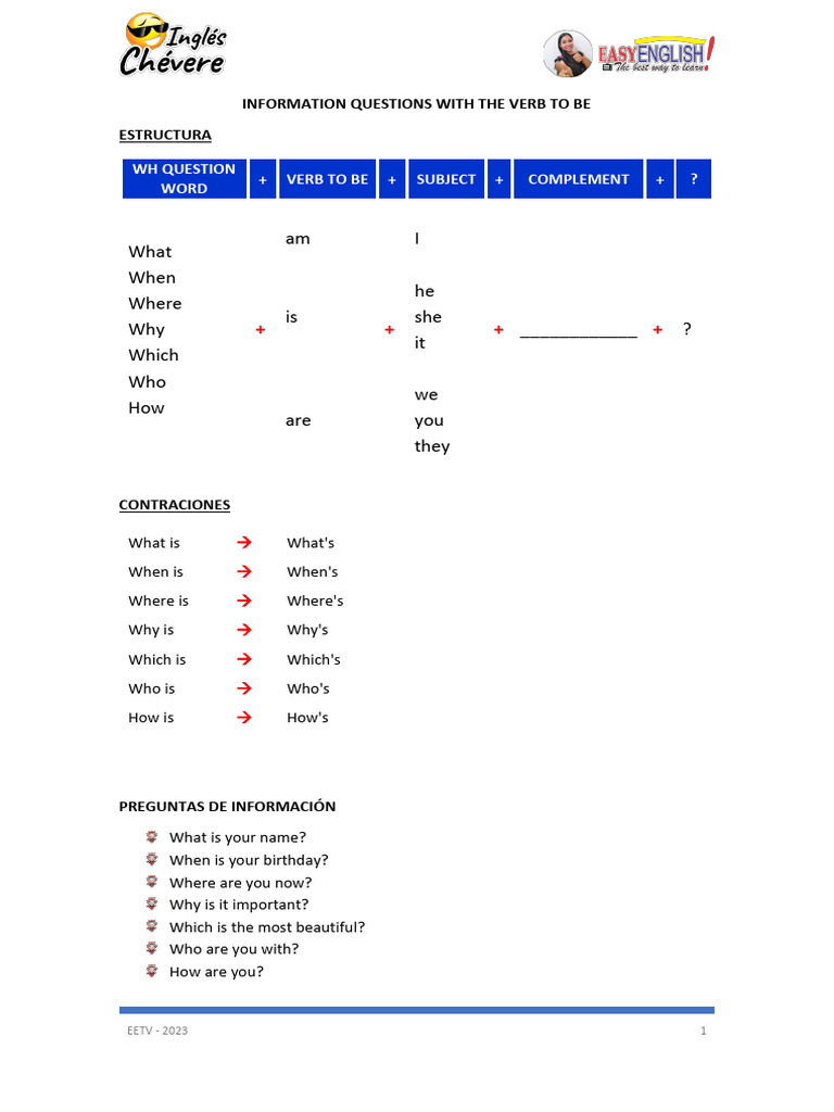 LECCIÓN 7 - INFORMATION QUESTIONS WITH THE VERB TO BE - EETV | PDF