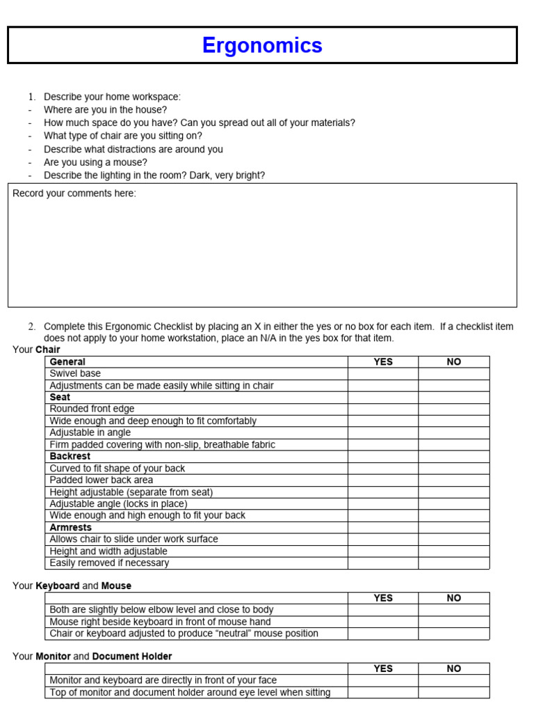 Home Workspace Ergonomics Checklist | PDF | Chair | Human Factors And ...