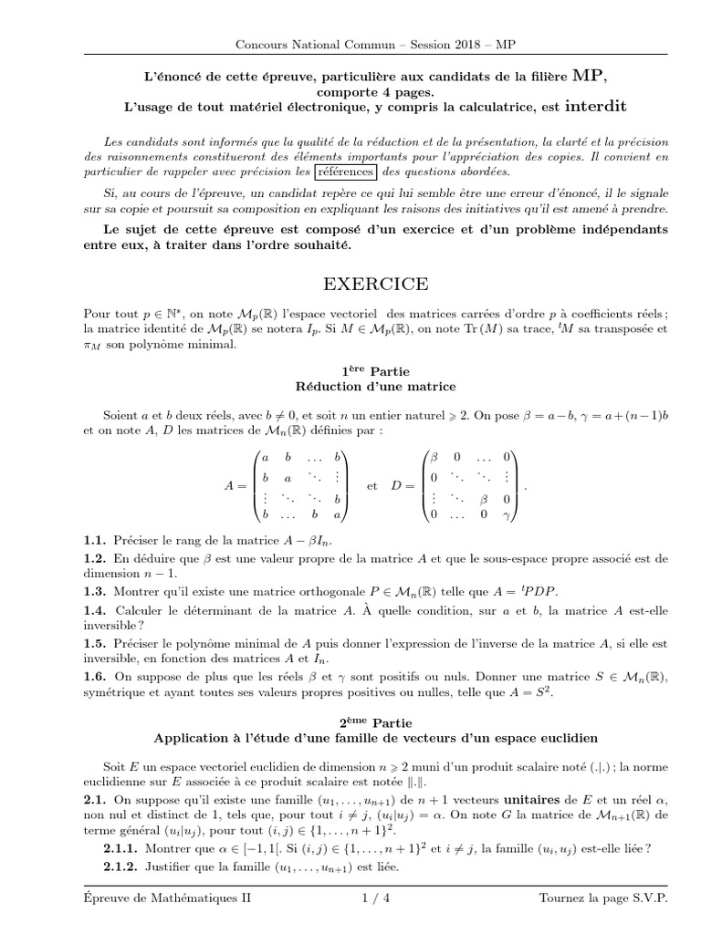 CNC MP 2018 Maths 1 Epreuve | PDF