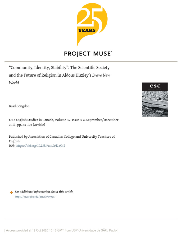 Identity, Stability" The Scientific Society and The Future of Religion in Aldous