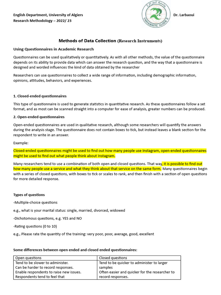 Methods of Data Collection | PDF