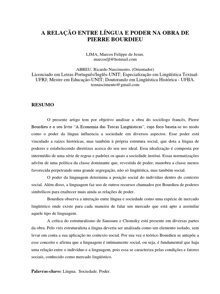 A Relação Entre Língua e Poder Na Obra de Pierre Bourdieu (Unit-Se ...