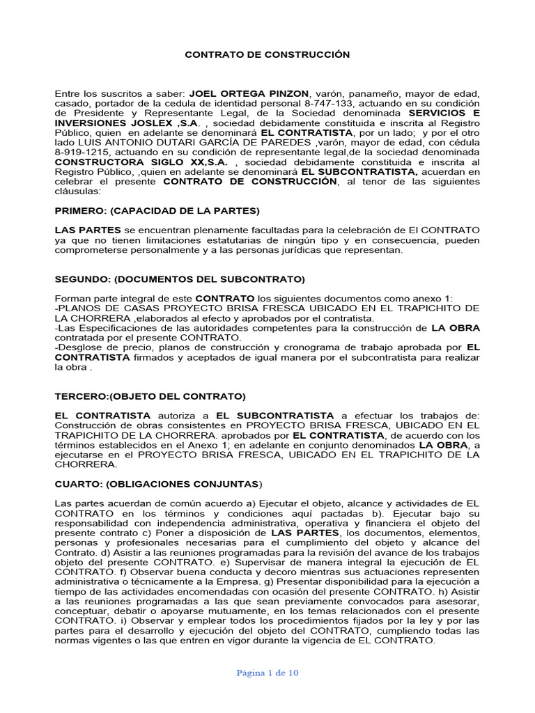 Contrato de Construcción Brisa Fresca | PDF | Derecho laboral ...
