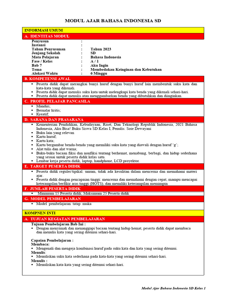 Modul Ajar Bahasa Indonesia Kelas 1 | PDF | Seni & Disiplin Bahasa ...