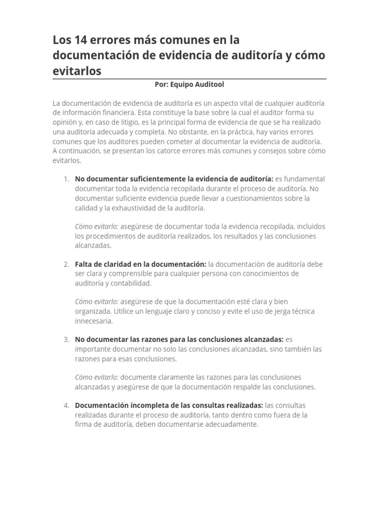 Errores en documentación de auditoría | PDF