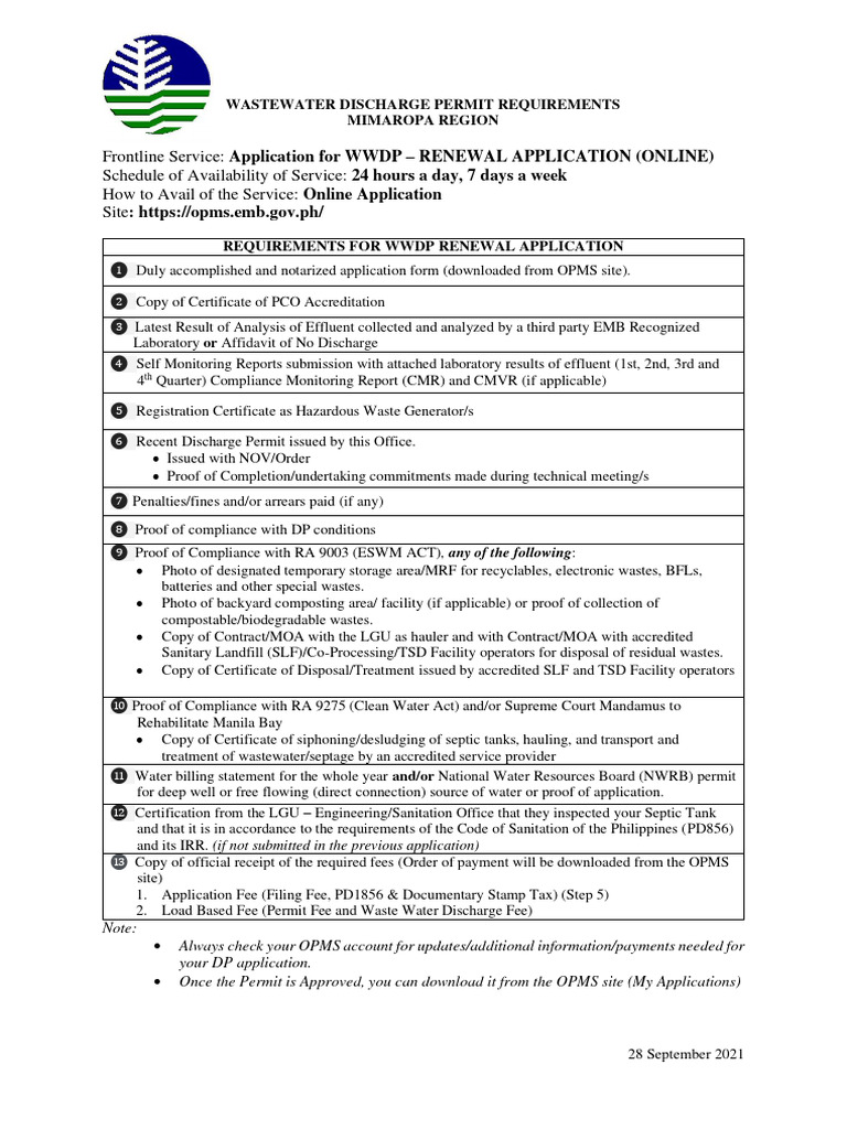 Wwdp Requirements for Renewal Application | PDF | Sanitation | Waste