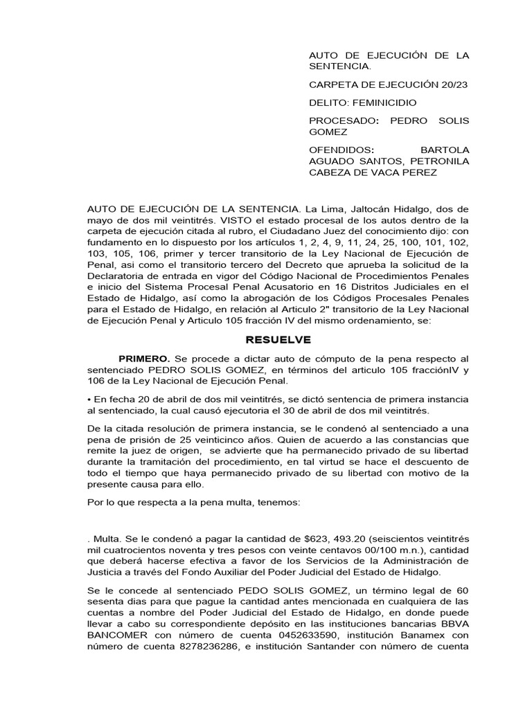 Auto de Ejecución de La Sentencia Pedro Solis Gomez | PDF | Sentencia