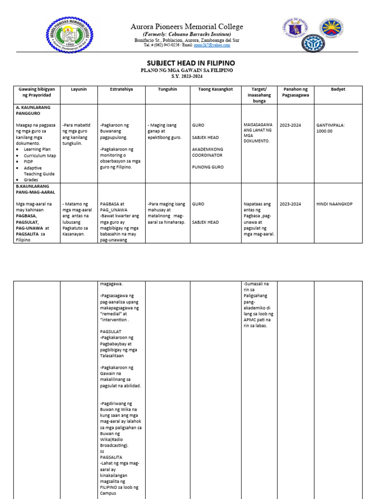 Action Plan Filipino | PDF