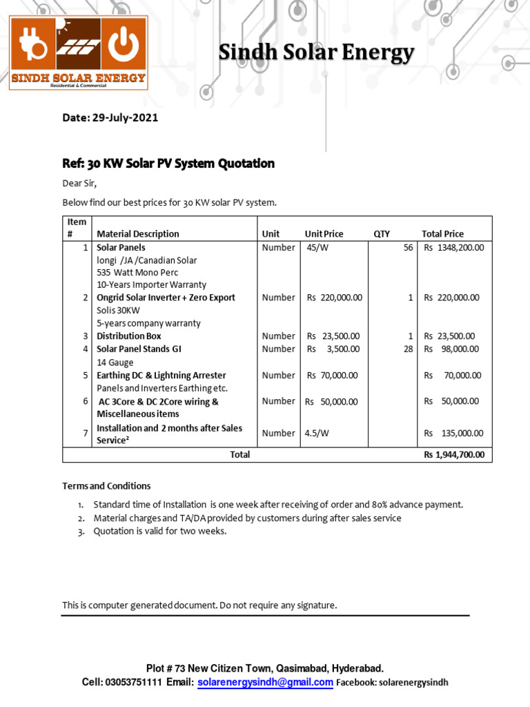 30 KW Solar Installation Quotation | PDF | Home & Garden | Technology ...