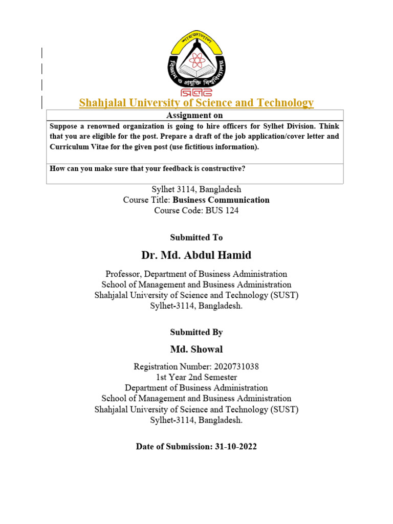 Business Communication 1 Cover Page (Hamid Sir) | PDF