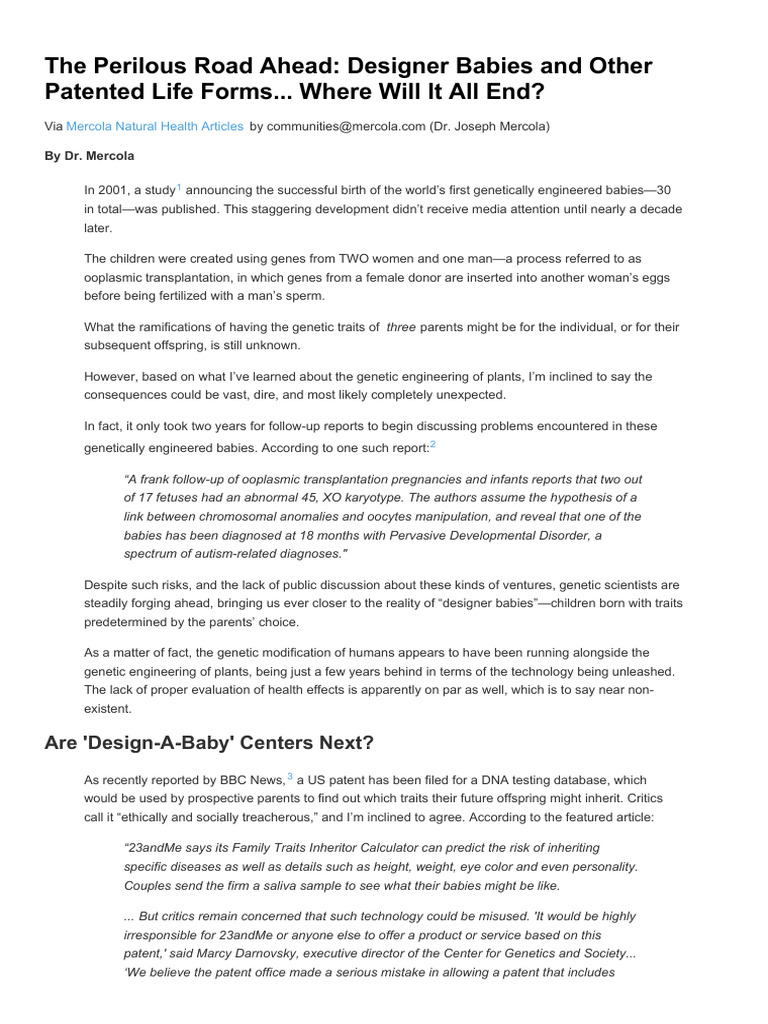 The Perilous Road Ahead Designer Babies and Other Patented Life Forms