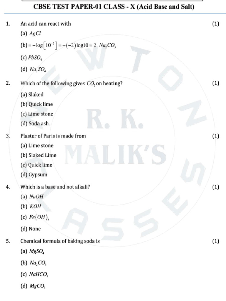 CBSE Class X Acid, Base, and Salt Test Papers | PDF | Cooking, Food & Wine