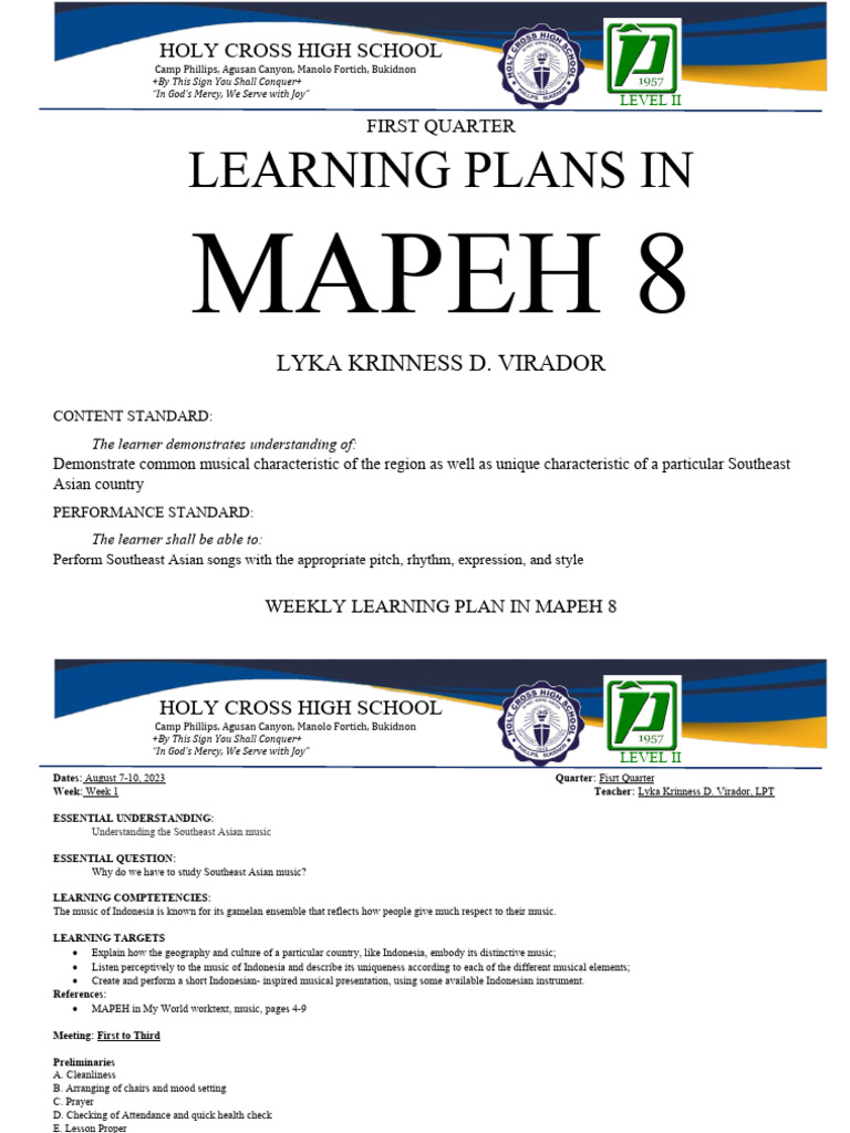Mapeh 8 Lesson Plan Week 1 Pdf