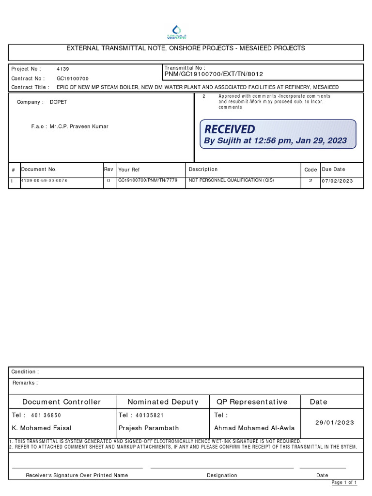 By Sujith at 12:56 PM, Jan 29, 2023: External Transmittal Note, Onshore ...