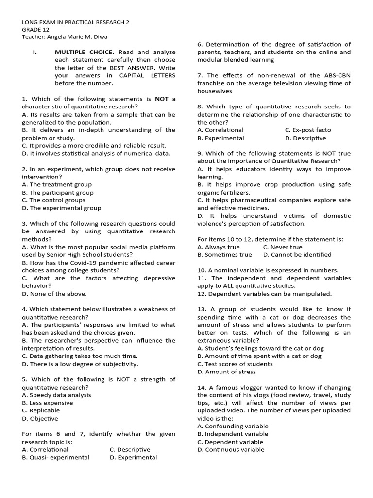 1st Long Exam in Practical Research 2 | PDF