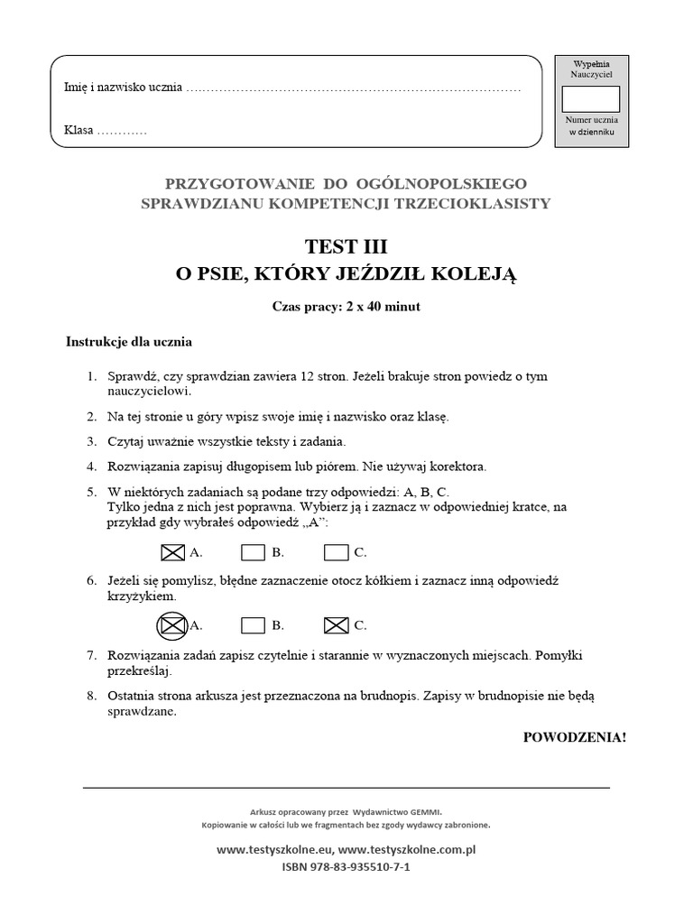 O Psie Który Jeździł Koleją Test Znajomości Lektury TEST-III-O-PSIE-KTÓRY-JEŹDZIŁ-KOLEJĄ | PDF