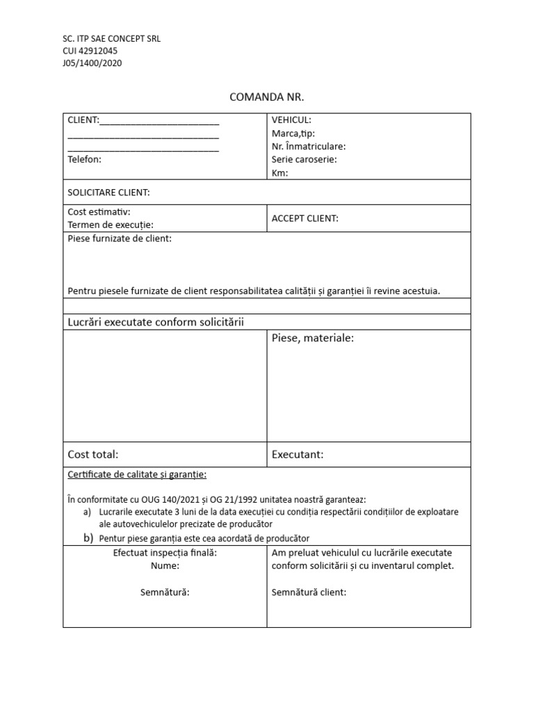 Deviz Comanda Service Auto | PDF