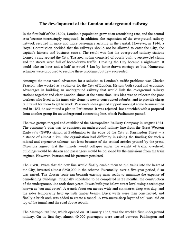 Test 1 passage 1 the development of the london underground railway