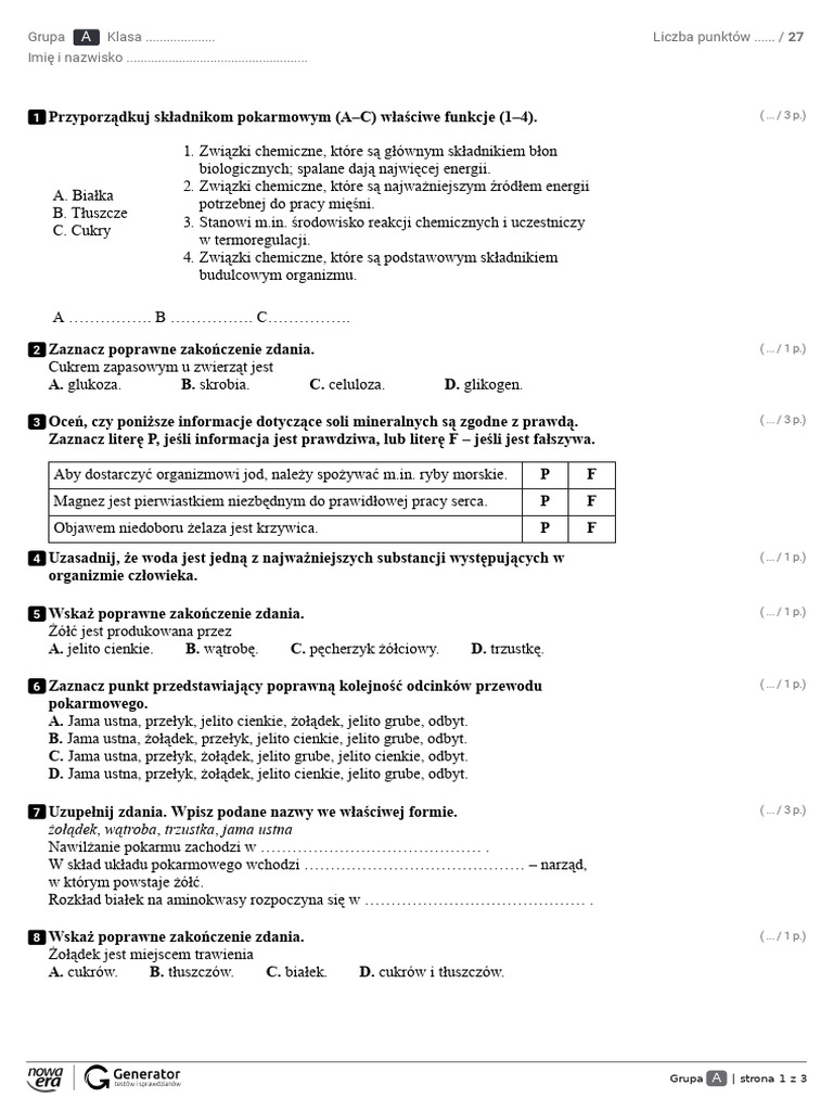 Test Biologia Klasa 7 biologia puls życia 7 Test z działu III | PDF