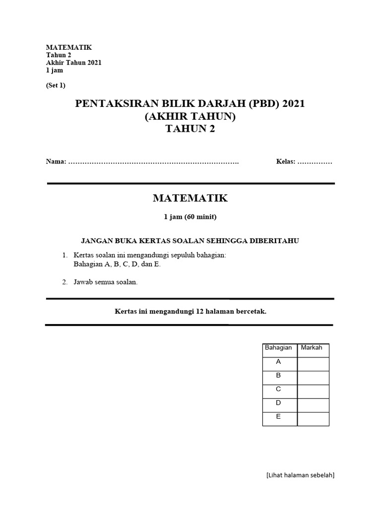 Set 1 Dan Set 2 Kertas Pbd Akhir Tahun 2021 Matematik Tahun 2 Dlp Pdf
