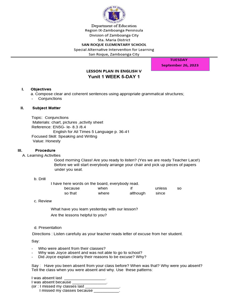 Lesson Plan: Conjunctions in English V | PDF | Language Arts & Discipline
