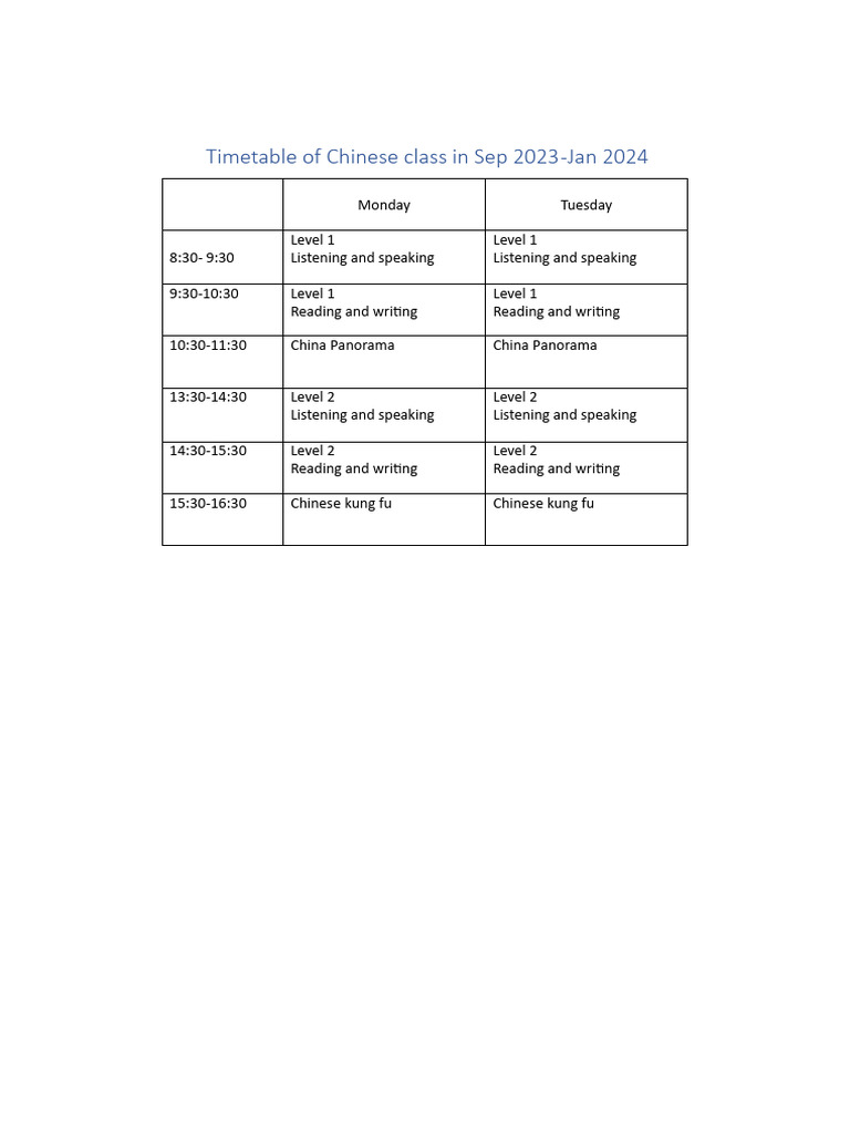 Chinese Class Timetable PDF