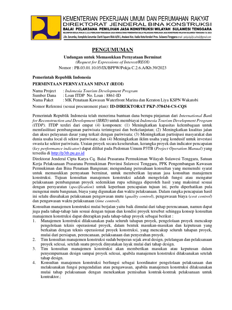 REOI Konsultan Manajemen Konstruksi ITDP | PDF