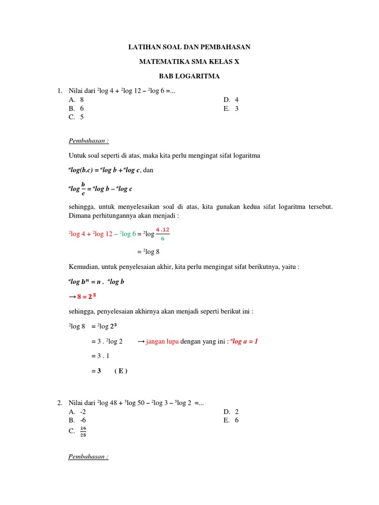 Latihan Soal Dan Pembahasan Logaritma Sma Kelas X