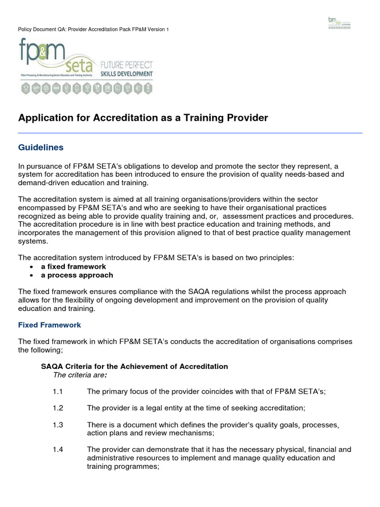 FPM SETA Provider Accreditation Pack - September 2015 | Download Free ...
