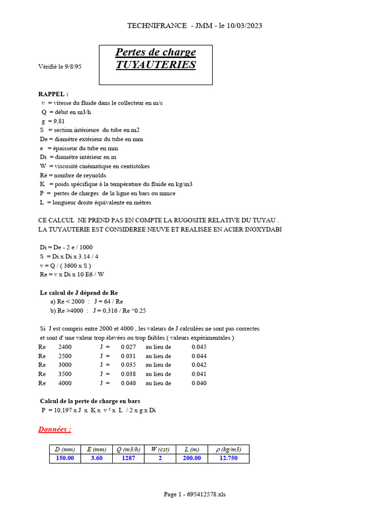 Calcul de la Perte de Charge Tuyauterie PDF Plomberie Physique — free download