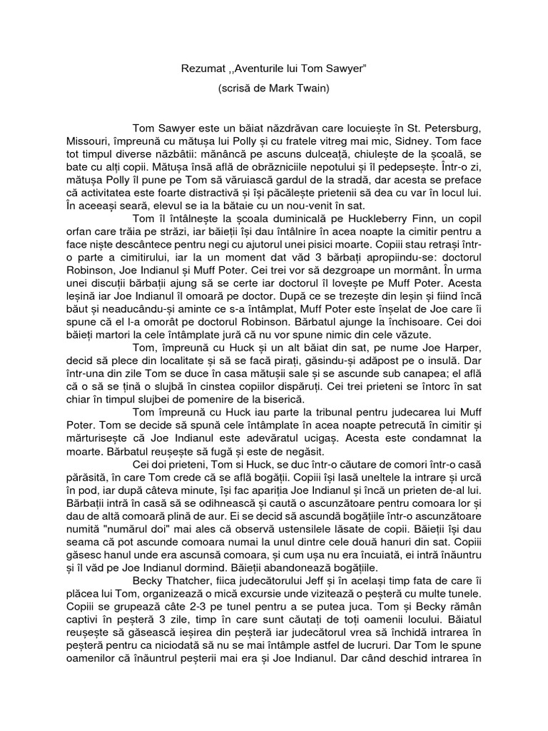 Tom Sawyer Rezumat Rezumat Tom Sawyer Final Cu Diacritice | PDF