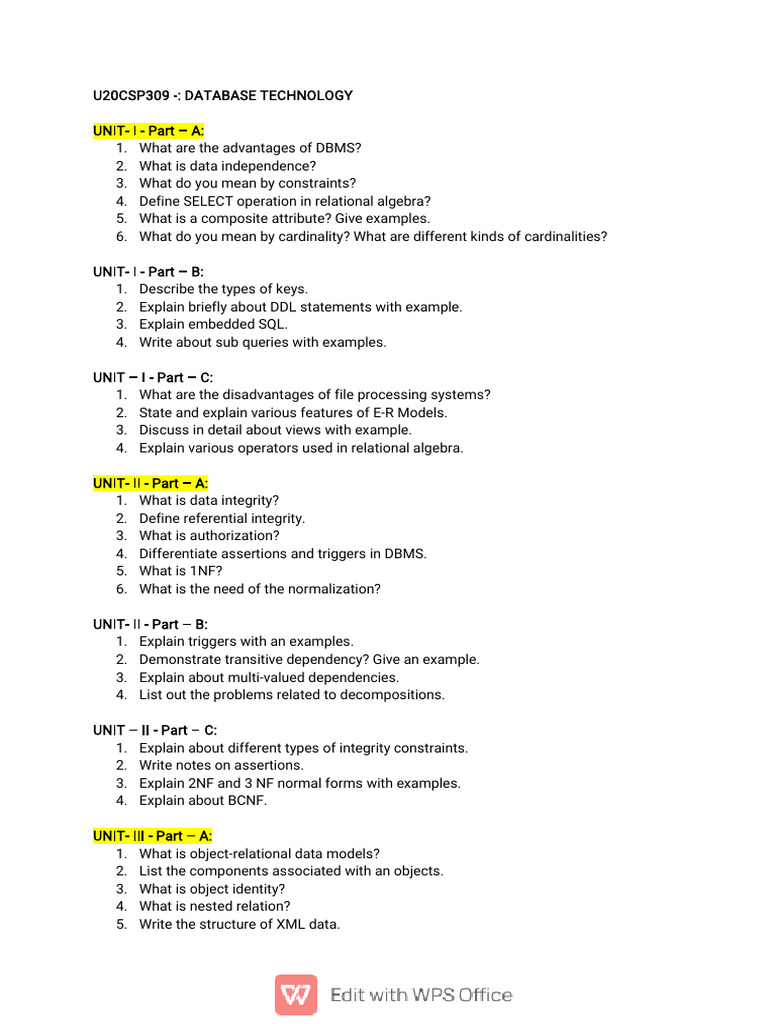 Database Technology Question Bank PDF