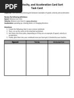 Speed, Velocity, and Acceleration Card Sort Task Card