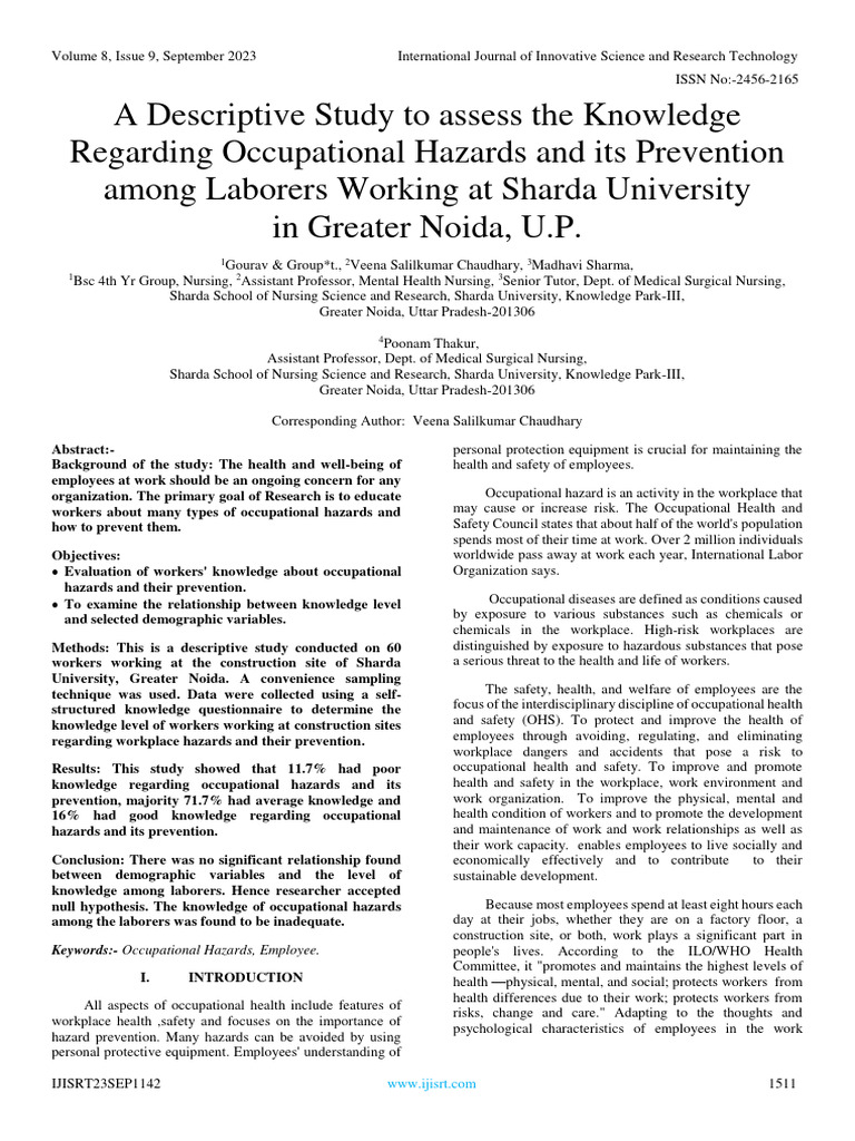 A Descriptive Study To Assess The Knowledge Regarding Occupational ...