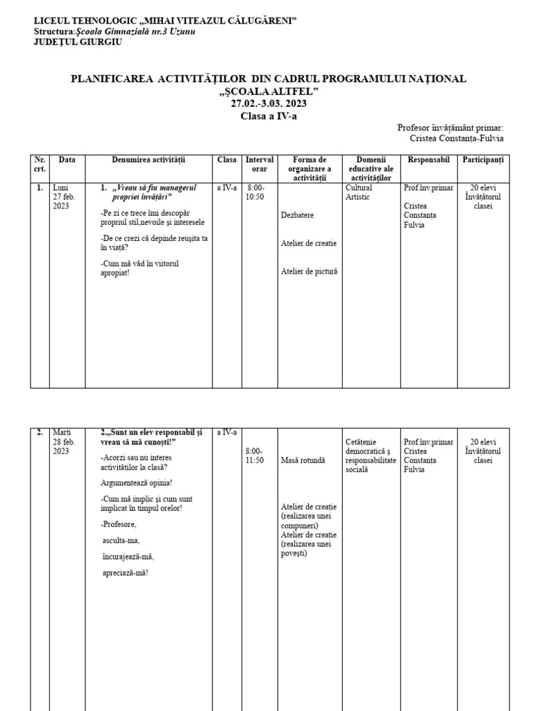 Planificare scoala altfel 20222023 pdf
