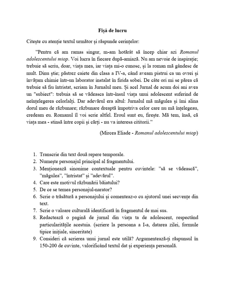 Romanul Adolescentului Miop Fisa De Lectura Romanul Adolescentului Miop Fisa | PDF