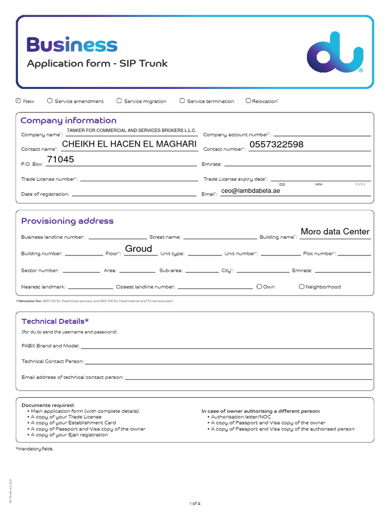 SIP Trunk Application Form PDF
