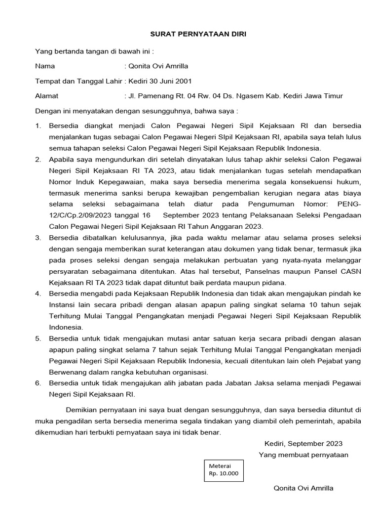 Format Surat Pernyataan Diri_Pendaftar CPNS Kejaksaan RI_1694826883 | PDF