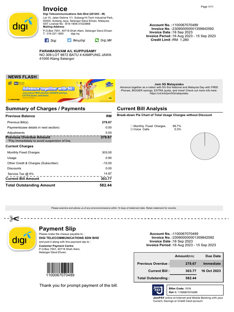 Digi 5G Invoice Summary September 2023 | PDF