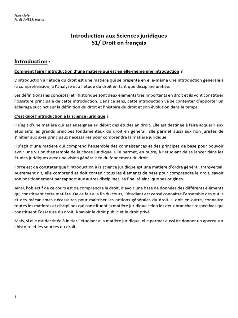 Introduction aux Sciences Juridiques S1 | PDF | Sciences sociales | Droit