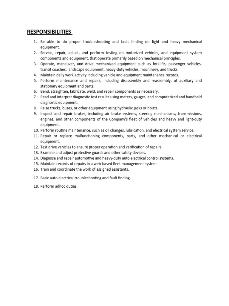 Responsibilities For Heavy Duty Mechanic PDF